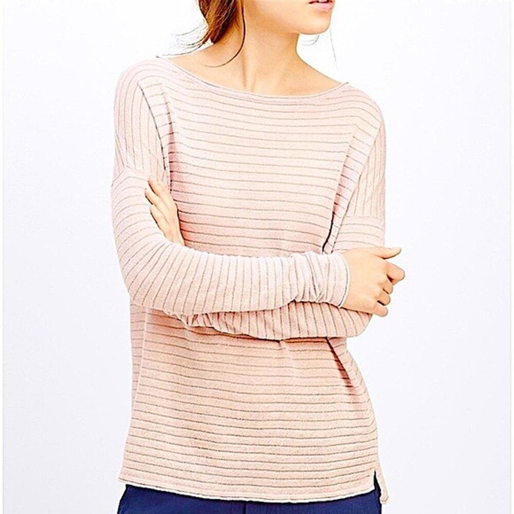 Vince Womens Top M Dolman Long Sleeve Linen Blend Pink Metallic Striped Boatneck